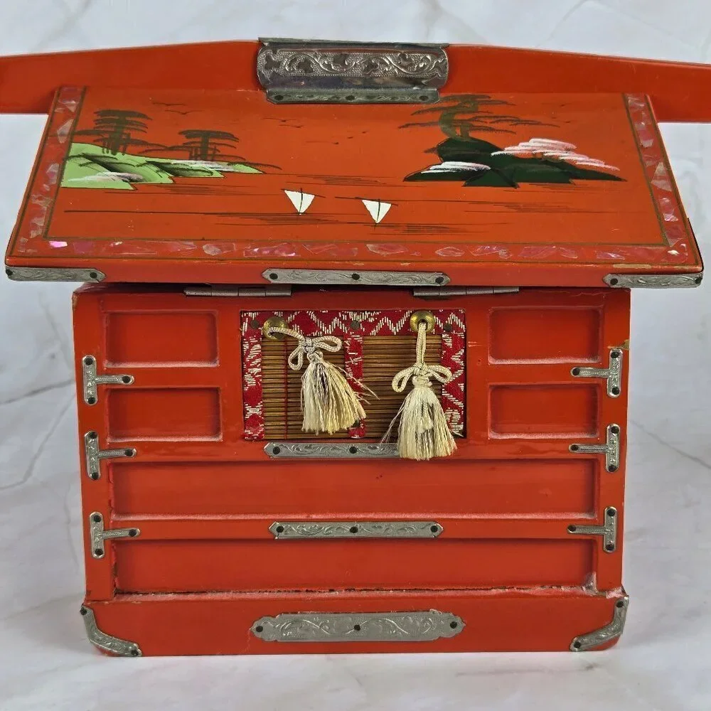 Vintage Japanese Hand Painted Jewelry Box Hinged Lid Side Drawer Wooden